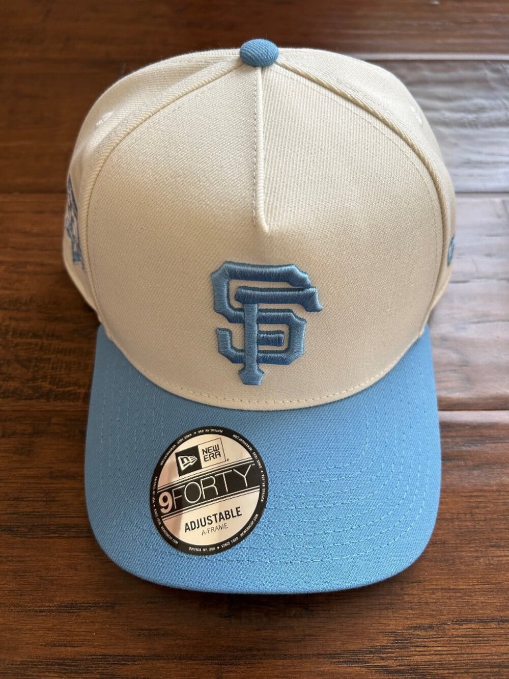 New Era 9Forty adjustable A frame SF San Francisco Giants hat cap blue cream NEW - Picture 3 of 5